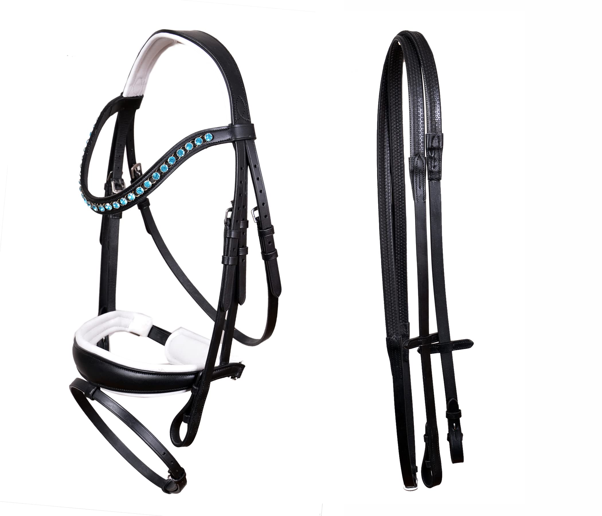 CHALLENGER Horse English All-Purpose Trail Pleasure Padded Leather Crystal Browband Bridle with Buckle Reins 803HI40BK-F
