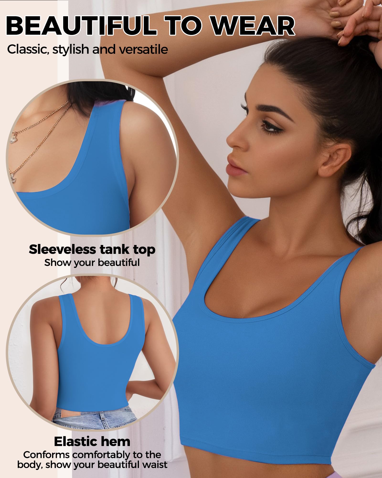 2-3 canottiere da donna, crop top senza maniche con scollo a U, crop top basic corto racerback per uscire magliette sportive atletiche, Bianco+blu navy, L