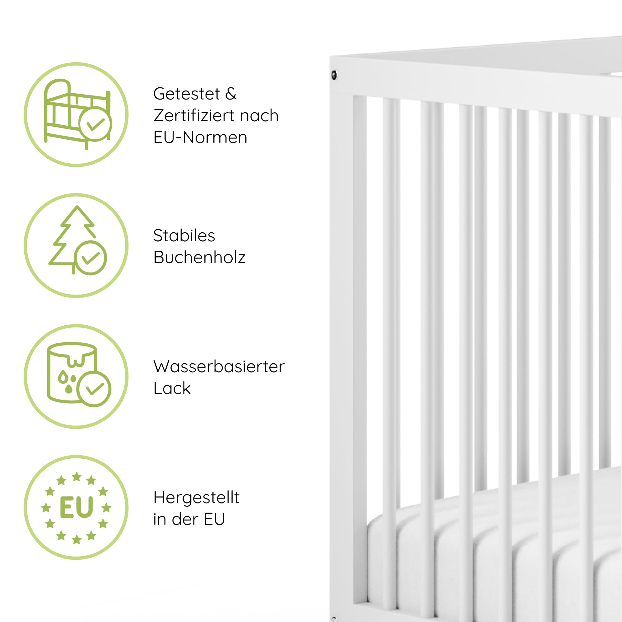 Kids Collective Babybett Kinderbett Beistellbett | Modulares Gitterbett Lattenrost 3-Fach höhenverstellbar & abnehmbare Sprossen | Baby Bett Holz Kinderzimmer | 120x60 cm | Weiß
