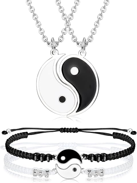 4 Pieces Matching Bracelets Yin Yang Necklace Set for Couples Best Friend , Adjustable Waterproof Handmade Cord Relationship Bracelets for Friendship Boyfriend Girlfriend