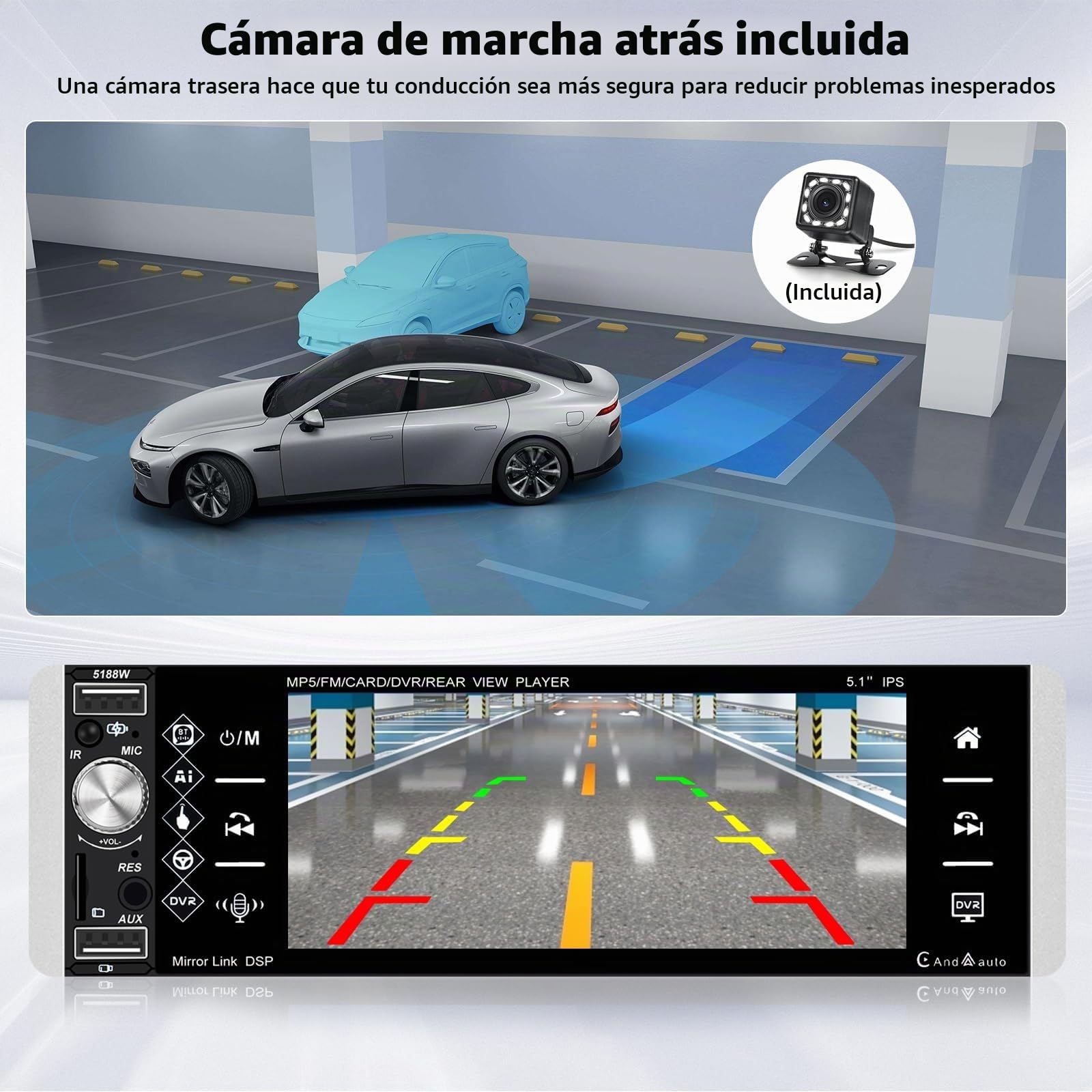 Inefala Pantalla Radio Coche 1 DIN con Carplay inalámbrico y Android Auto, Pantalla de 5,1 Pulgadas con Bluetooth, Mirror Link, Compatible con FM RDS, EQ, USB/AUX/TF, cámara de visión Trasera