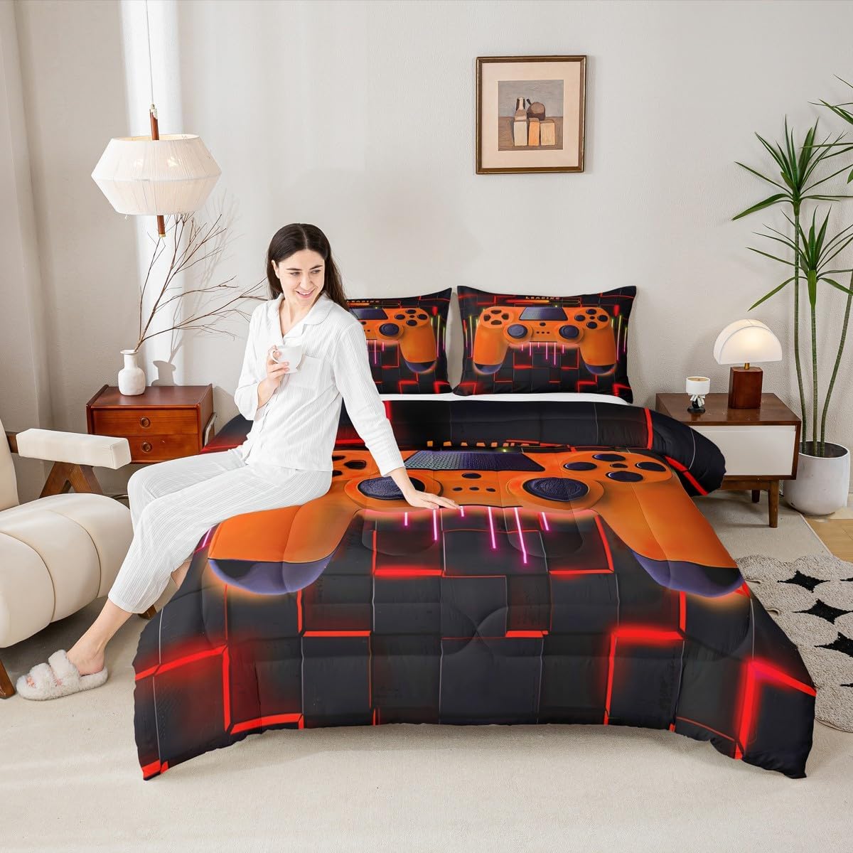 Erosebridal Orange Gaming Full Size Comforter Sets for Boys - Gamer Comforter Boys Full Size Bedding Set, Neon Lights Abstract Geometric Design Gamer Room Decor