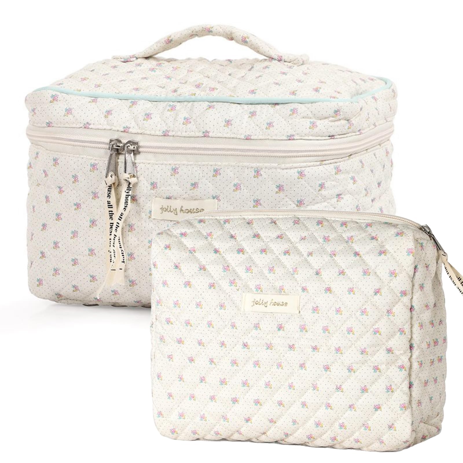 Yeria 2 Pcs Cotton Quilted Makeup Bag Cute Floral Makeup Bag Large Coquette Aesthetic Cosmetic Bag Kawaii Toiletry Bag for Women Girls, A