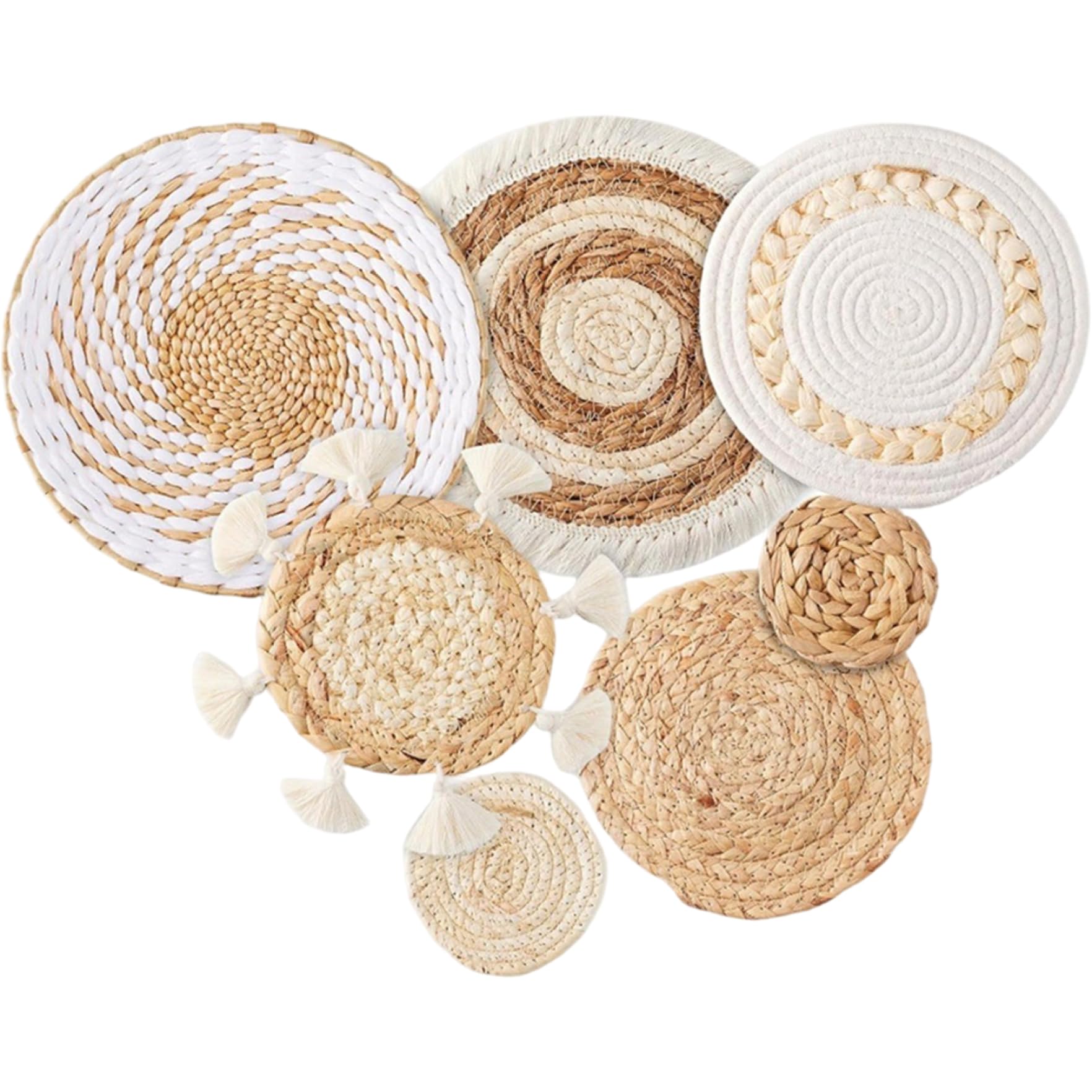 Cesta de pared bohemia redonda, colgantes de macramé y paja para decoración de salón