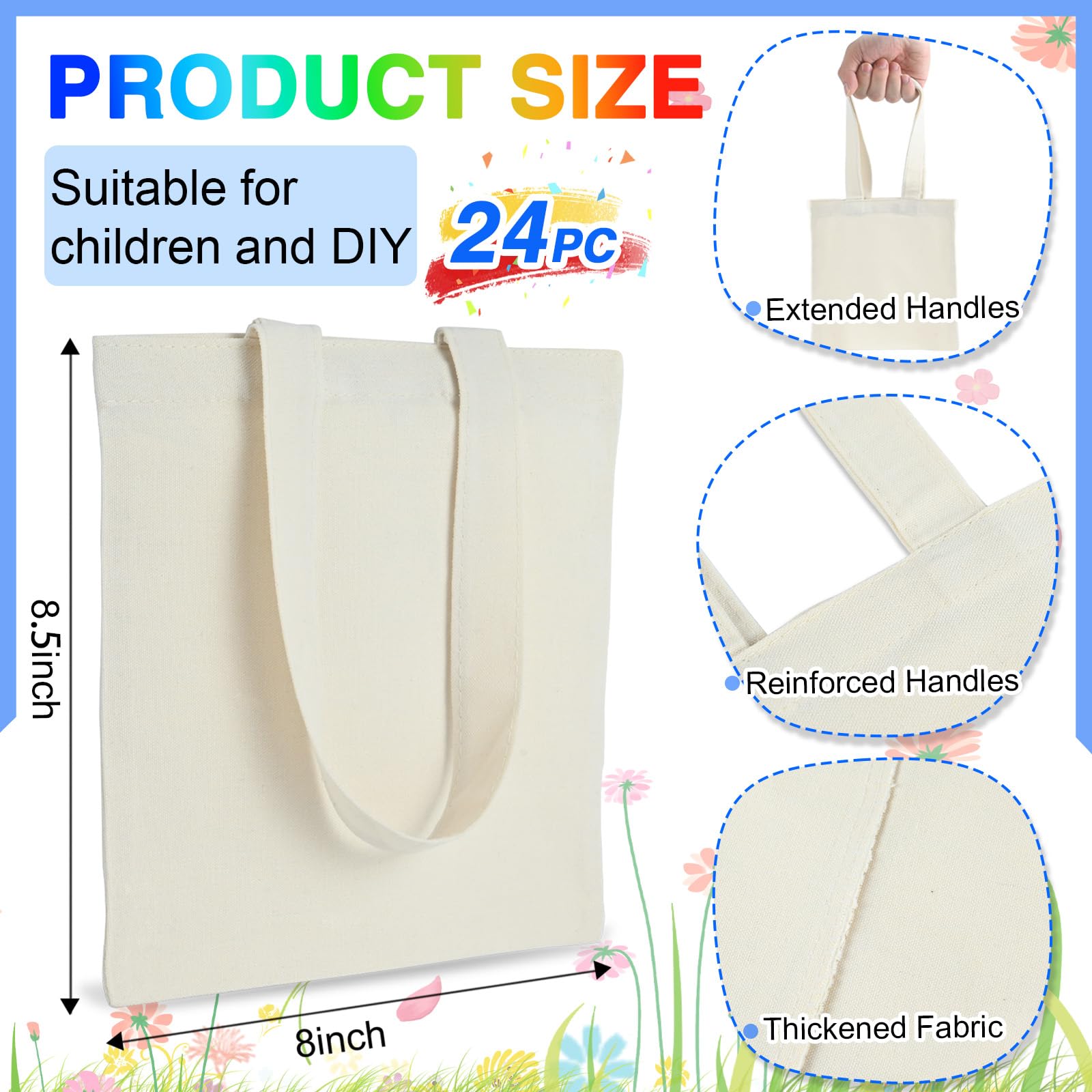 Zioffiel Small Canvas Tote Bags Bulk 24 Pack, Sublimation Tote Bags Blank with Acrylic Paint Set, Reusable Cotton Canvas Bags with Handles, Mini Tote Bag To Decorate DIY Crafts, 8"x8.6" - Image 3