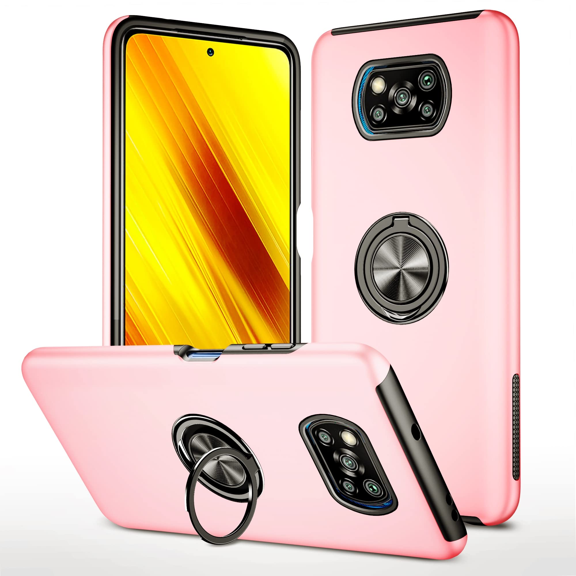 SORAKA Case for Xiaomi Poco X3 Pro with Invisible Ring Holder and Metal Plate for Magnetic Car Mount Rigid PC Cover Xiaomi Poco X3 NFC Case Military Grade Rugged Case Rose Gold