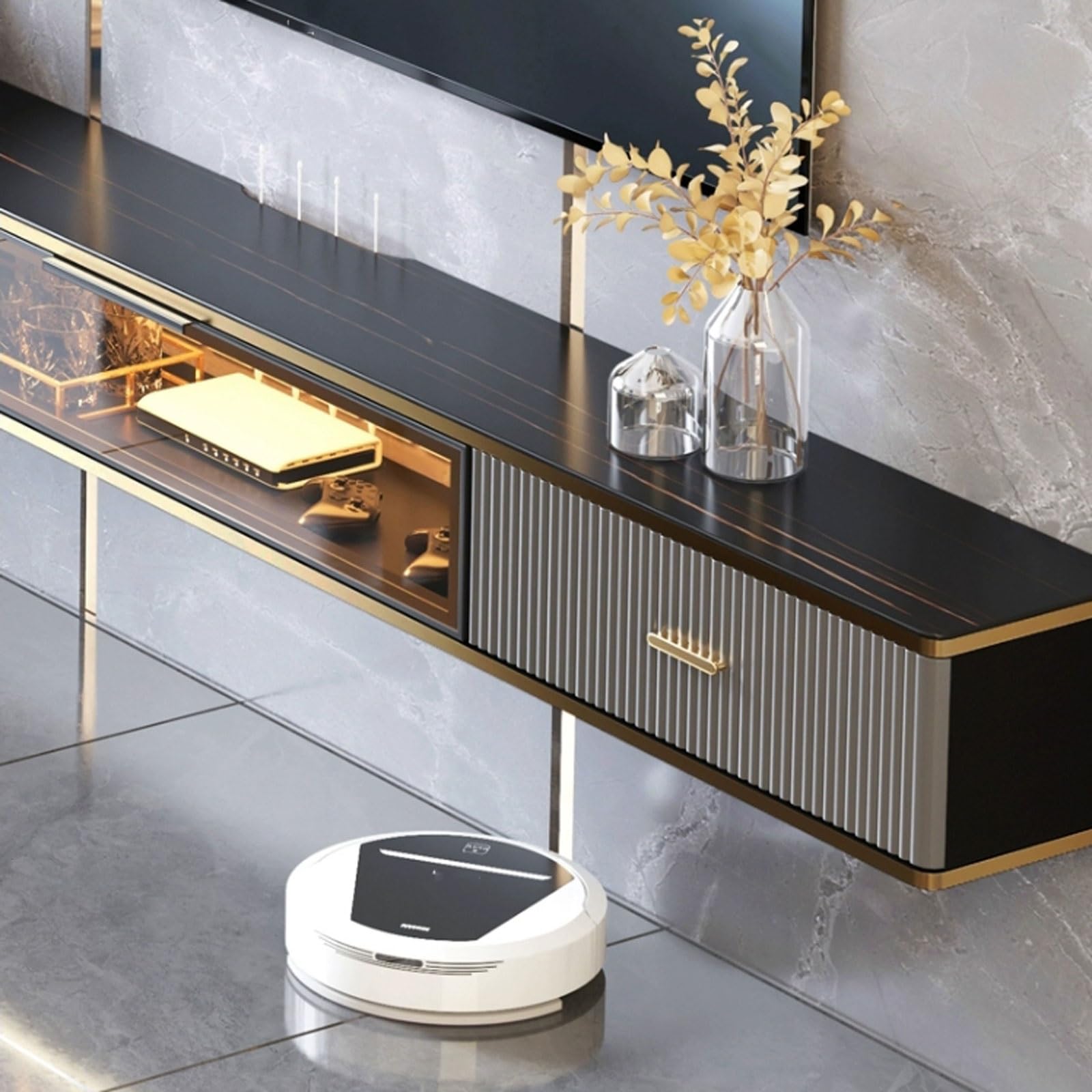 Soporte flotante de pared para TV de 70.5 pulgadas, 78.7 pulgadas, estante de madera con parte superior de pizarra, consola moderna para televisores, elegante centro de entretenimiento montado en la