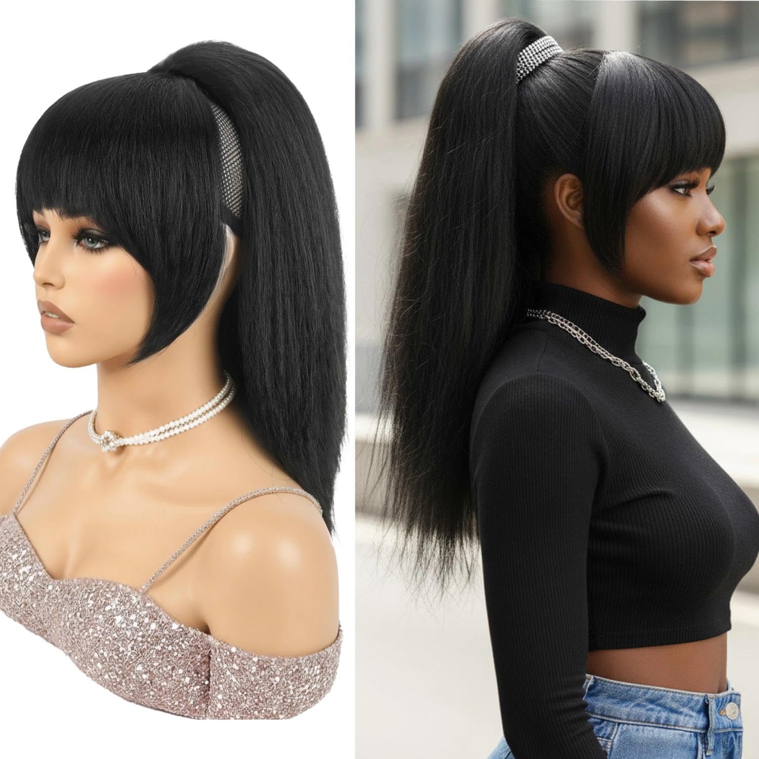 Allyreetress Yaki Drawstring Ponytail Extension with Bangs Natural Looking Ponytail Wig for Black Women Clip in Ponytail Hairpiece for Daily and Party