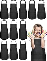 IAGBIBUI 12 Pack Black Kids Aprons Bulk - Adjustable 2-Pocket Chef Art Smocks for Painting Cooking Baking Ages 6-13 Boys Girls