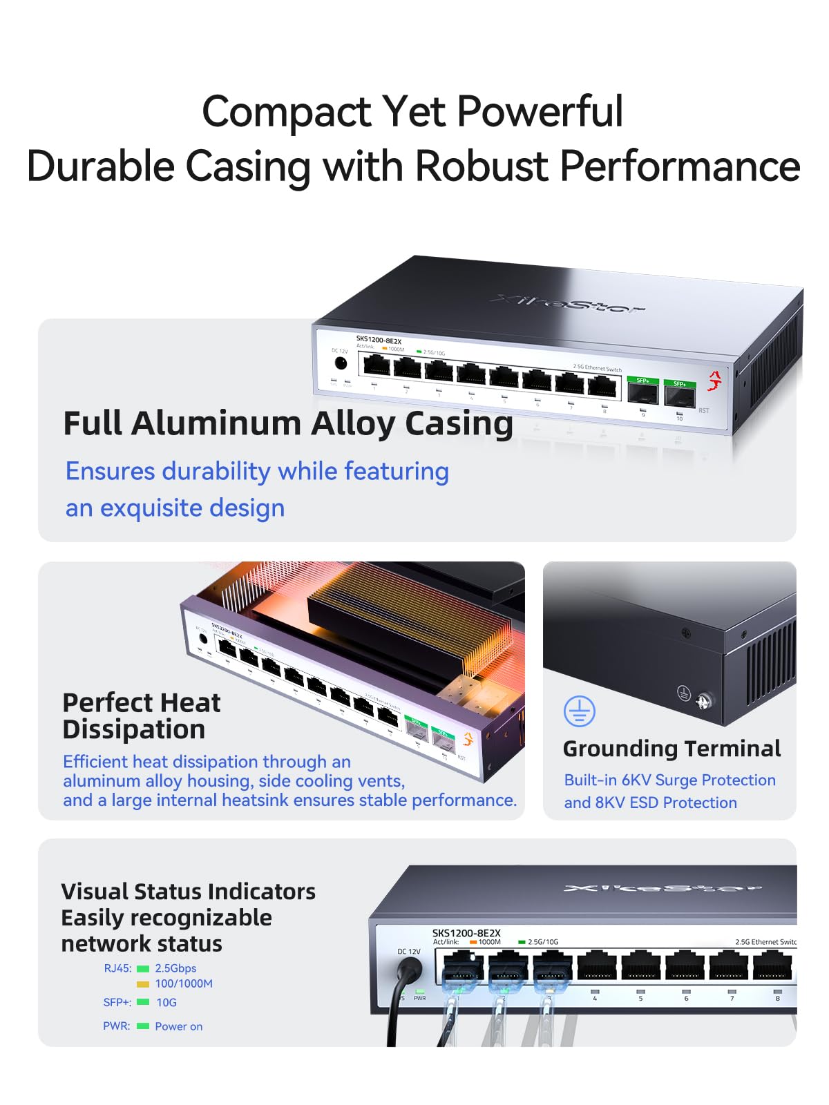 Switch Ethernet non gestito a 8 porte 2.5G con 2x10G SFP+, switch di rete 2,5 Gigabit, hub Ethernet da 2,5 GB, Plug & Play, alloggiamento in metallo, montaggio a parete/desktop