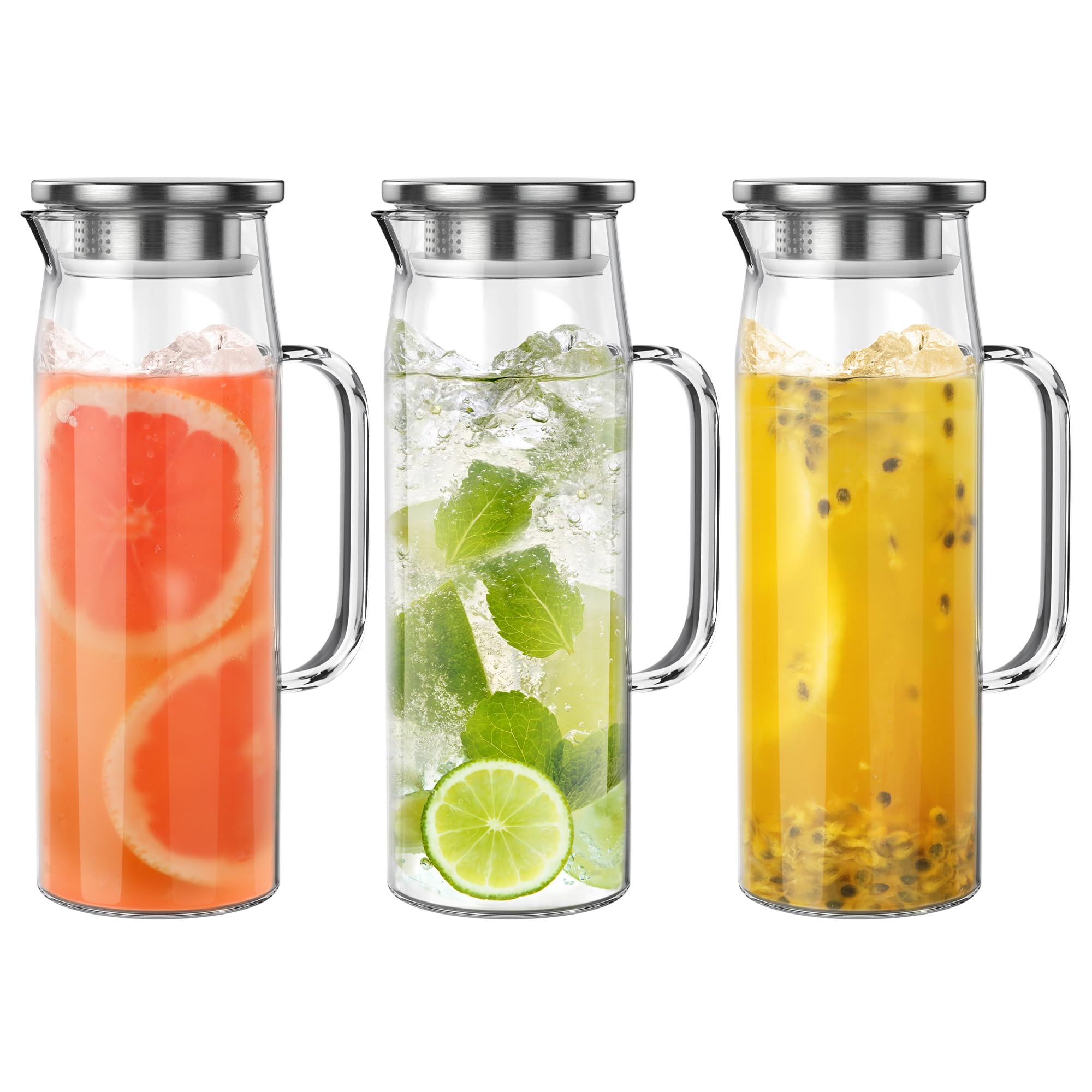 3 Sets Glaskrug mit Deckel, 1,417.5 g / 1500 ml Wasserkaraffe mit Griffen Heißes Kaltgetränkewasser Glas Krug (Edelstahldeckel)