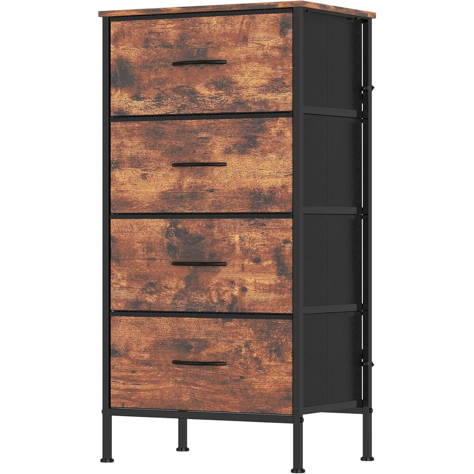 Feonase Chest of Drawers with 4 Fabric Drawers, Large Bedroom Dresser with Wooden Top & Sturdy Metal Frame, Tall Storage Organizer Unit for Bedroom, Living Room (Rustic Brown)