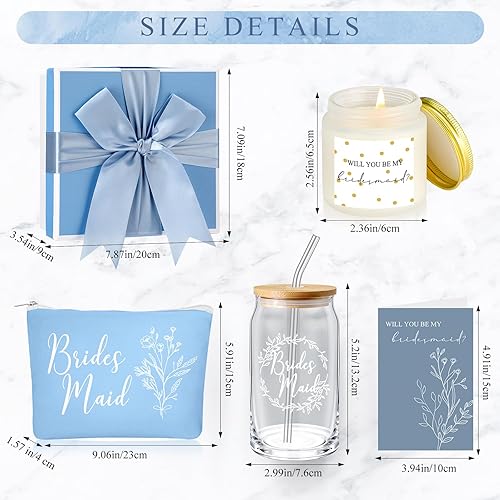 Miniatura 9 de Inbagi Caja de regalo para dama de honor, juego de 5 unidades, incluye taza de vidrio con tapa y bolsa de maquillaje con pajita, vela perfumada de