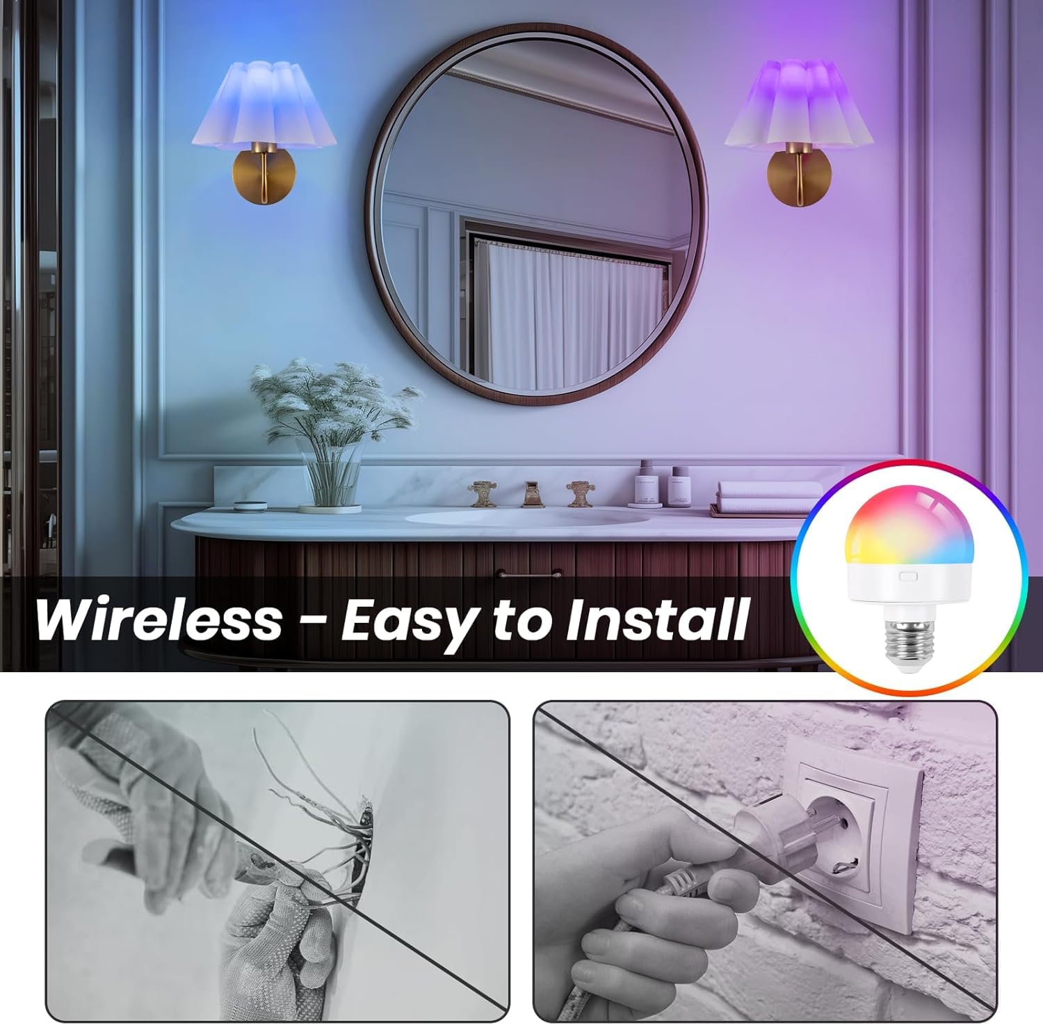 Applique da Parete per Interni Color Oro, Confezione da 2, Senza Fili, con Telecomando. Non Necessitano di Collegamento alla Rete elettrica. Illuminazione dimmerabile a Batteria. 3