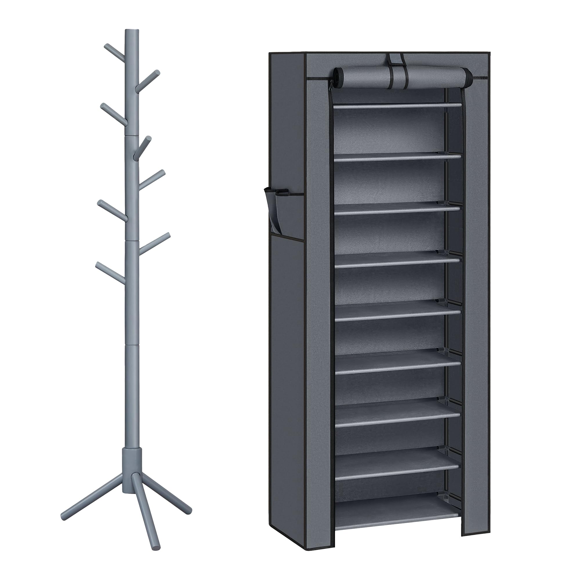 SONGMICS Shoe Rack Bundle with Coat Rack, Coat Tree with 8 Hooks, 3 Height Options, Shoe Storage Shelf for 27-35 Pairs of Shoes, Flint Gray URCR04GY and URXJ10G