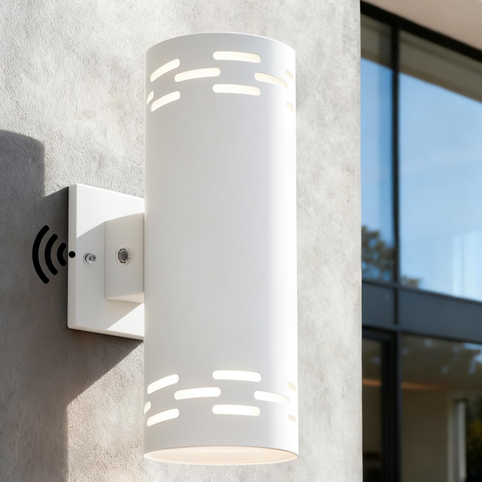 JYV Dusk to Dawn Modern Outdoor Wall Lights, 12'' Up and Down Integrated LED Cylinder Exterior Lighting Fixtures, 23W 3000K IP65 Waterproof Wall Sconces for House, Garage, Patio, Porch, White