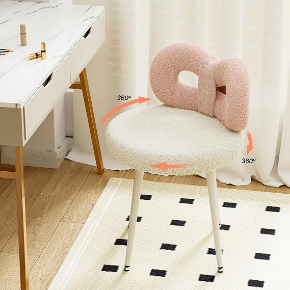 ROOMTEC Swivel Vanity Chair, No Wheels Makeup Pink Chair for Girl, Upholstered, Cute Bow Backrest for Bedroom and Living Room