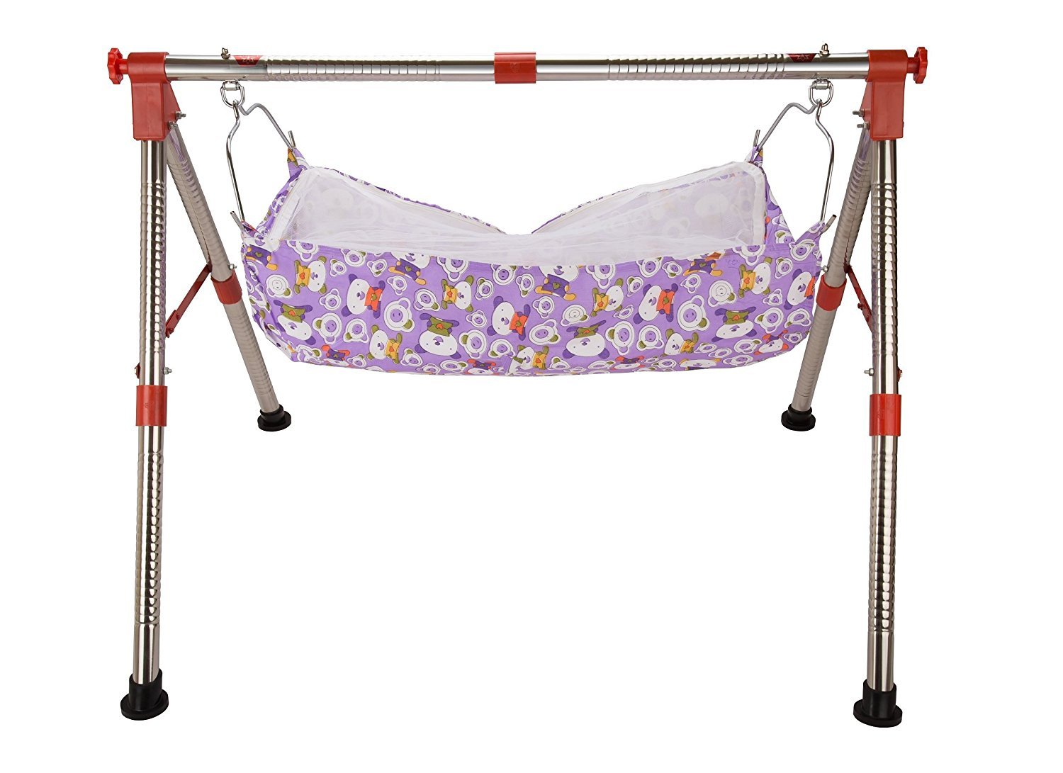 A TO Z HUB NRI Style Round RED Colour Fully Folding Stainless Steel Ghodiyu with Free Hammock, 4 Robber Pade