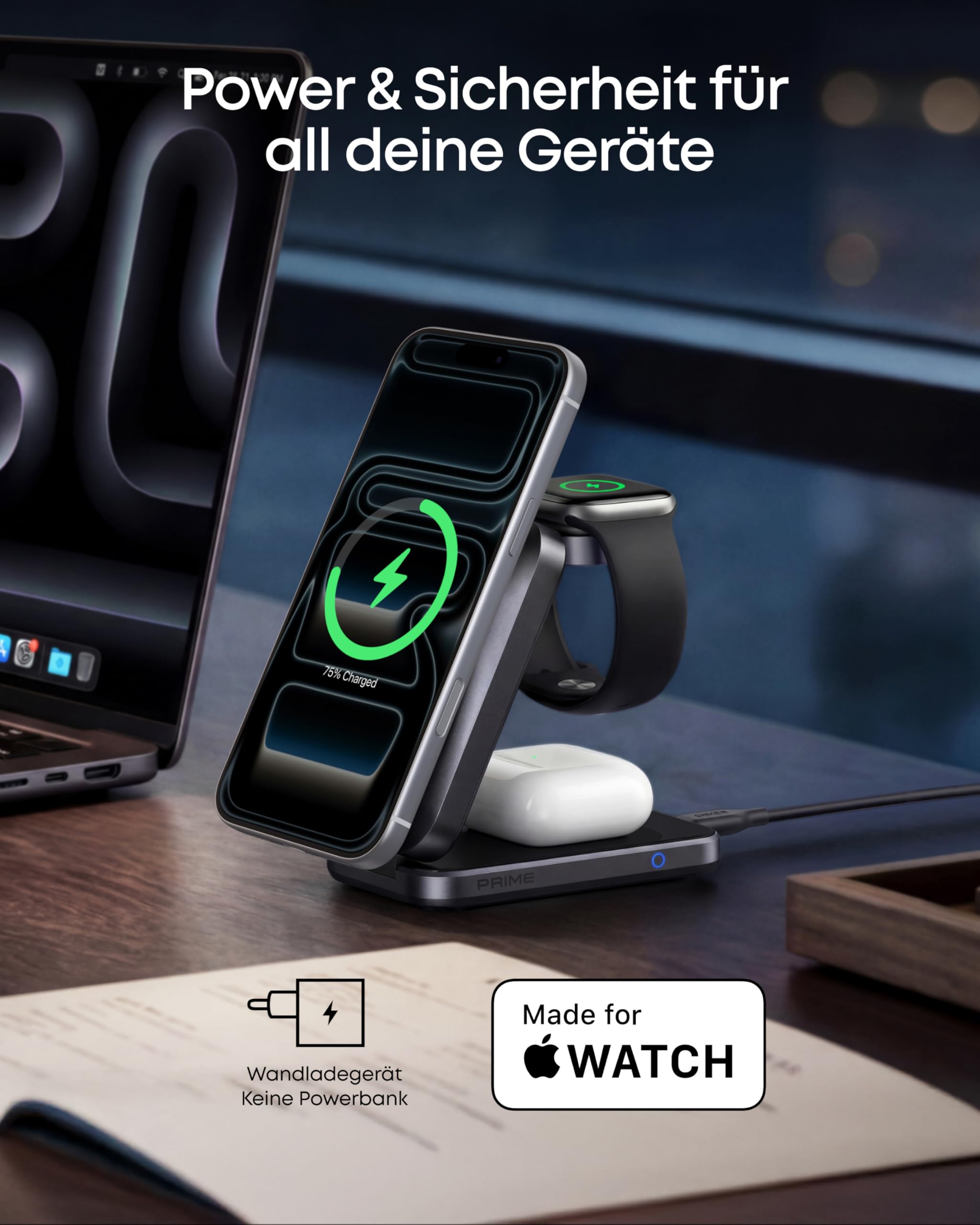 Anker Prime 3-in-1 Ladestation, AirCool kabelloses Ladegerät, 25W Qi2.2-Zertifiziert, kompakt & faltbar, MagSafe-kompatibel für iPhone 17, Apple Watch & AirPods (ohne Akku, Netzteil erforderlich)
