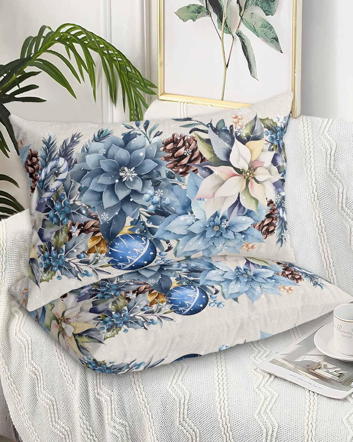 DecorLovee Blue Christmas Poinsettia Pillow Cases Standard Size Set of 2 - Microfiber Bed Throw Pillow Covers, Xmas Botanical Balls Snowflake Rustic Lumbar Pillow Cover with Envelope Closure 20"x26"