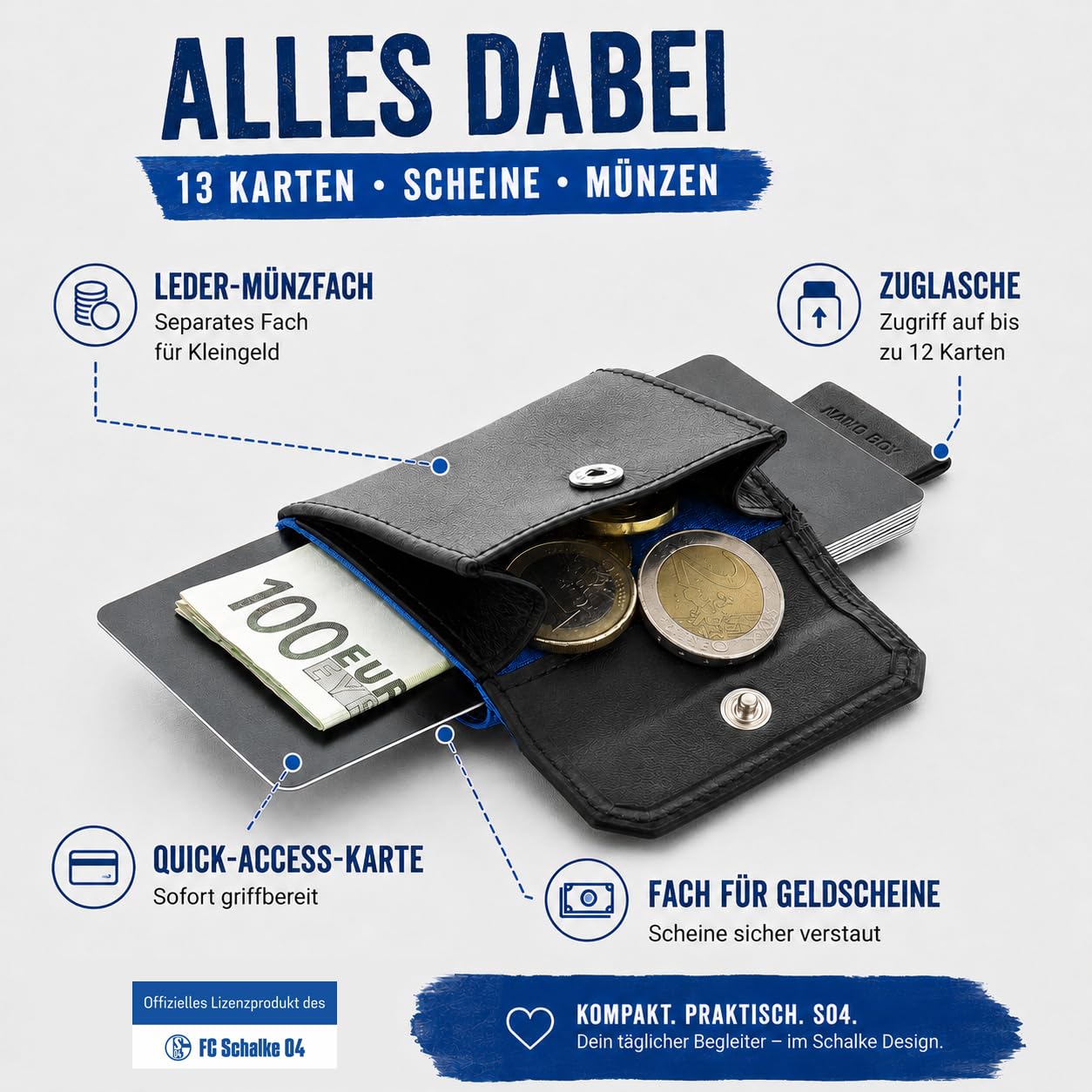 Jaimie Jacobs Nano Boy Pocket Schalke 04 Fanartikel Geldbörse (Königsblau) | FC Schalke 04 Fanartikel: kleiner Geldbeutel aus Textil mit Zugband und Münzfach, Platz für 13 Karten