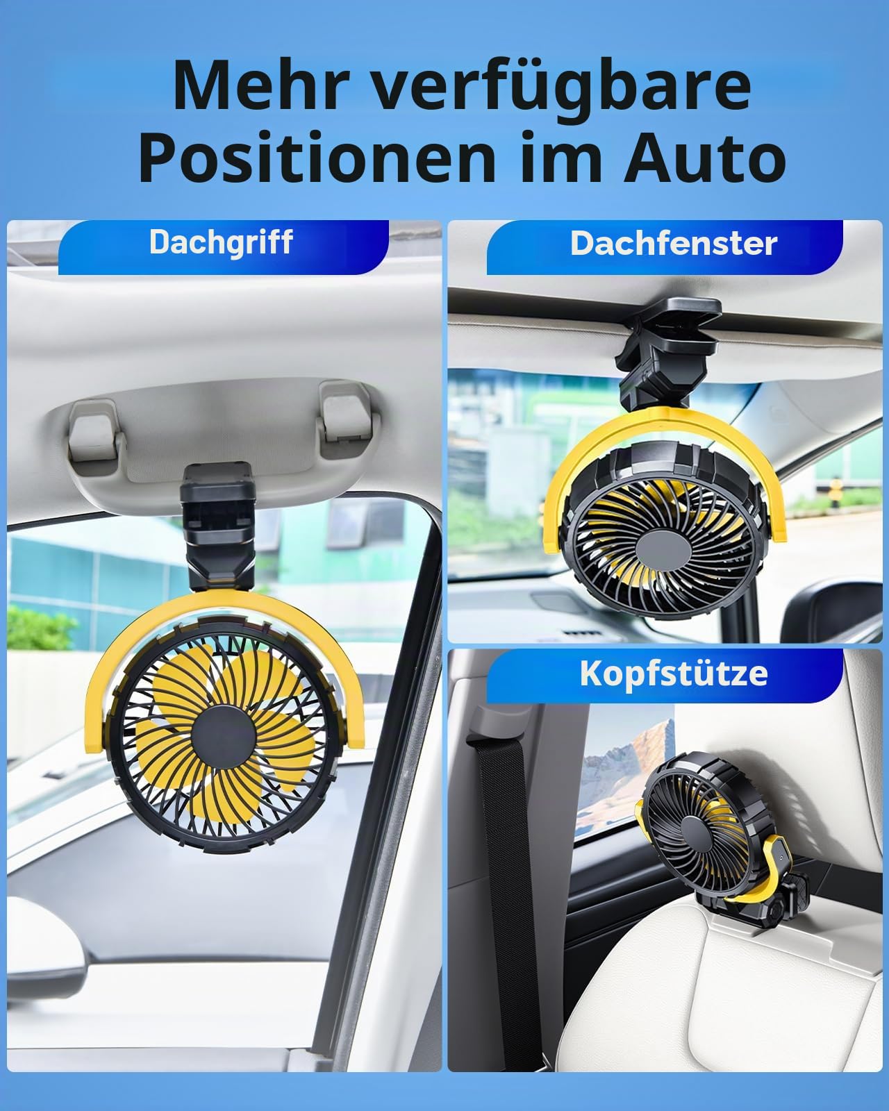 Akku-Ventilator für Auto-Sonnenschutz, Rücksitz & Dachgriffe, leiser tragbarer Clip-Autoventilator für SUV, Van, Wohnmobil, Pickup, Camping, Schreibtisch, Bett, Kinderwagen & Babybett - Gelb