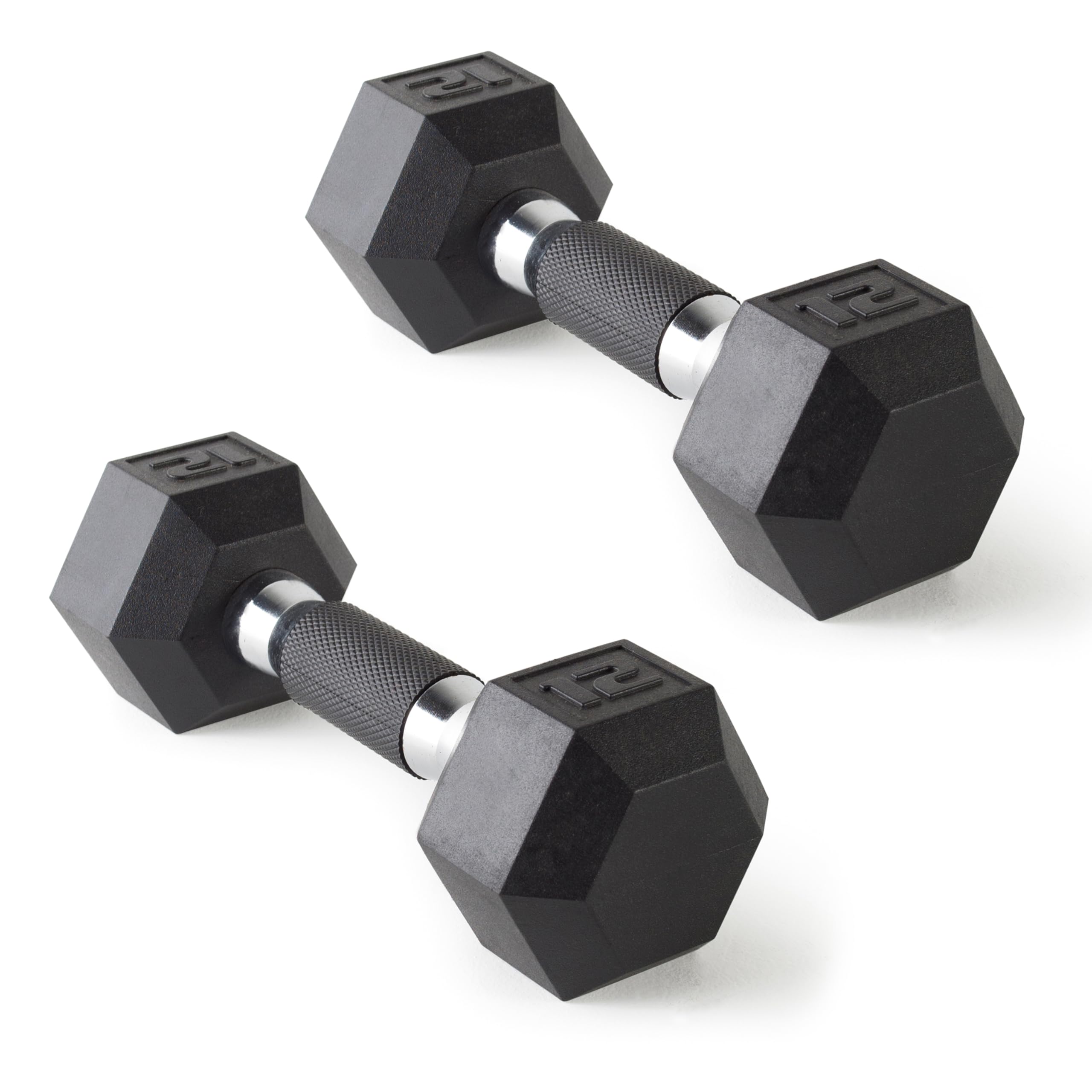 CAP Rubber Coated Dumbbell Weights, Free Weights for Home Gym Strength Training, Anti-Roll Hex Dumbbells with Black, Chrome &amp; Comfort Grip Handles, Pairs &amp; Sets