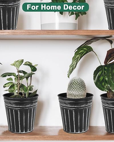 Miniatura 10 de vensovo Macetas rústicas de metal de 6 pulgadas, 6 macetas galvanizadas medianas de color gris y verde con orificio de drenaje y tapón de goma,