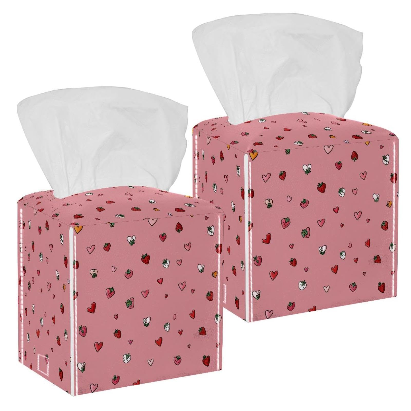 Hearts and Strawberries Tissue Box Cover, 2 Pack PU Leather Square Facial Tissue Dispenser Box holder for Home Office Car