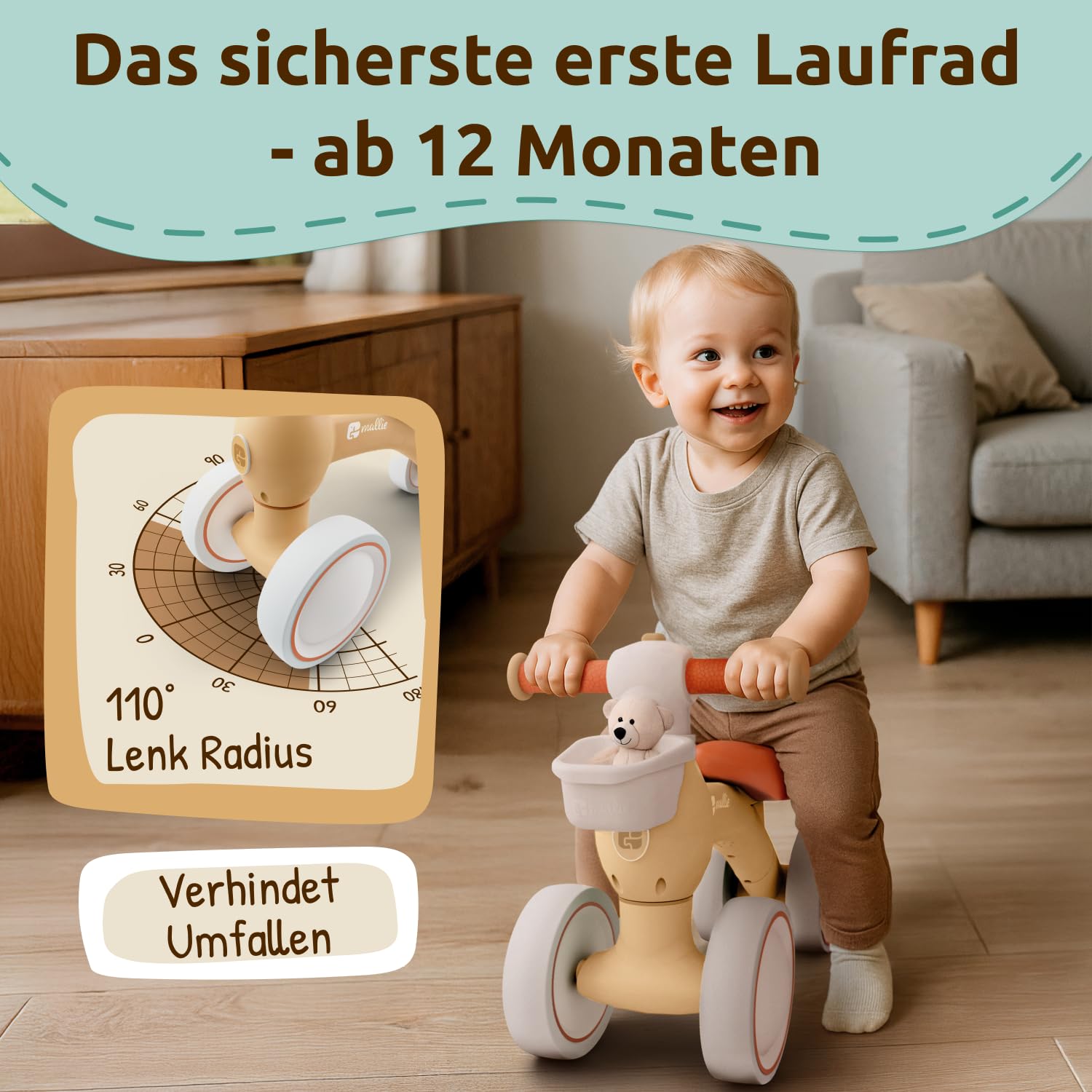 Mallie® Laufrad ab 1 Jahr I Ab 12 bis 24 Monate inkl. Gratis Korb als Laufräder, Rutschauto, Schaukelpferd oder Dreirad ab 1 Jahr Ersatz I Balance Bike Kinderspielzeug als Geschenk 1 Jahr