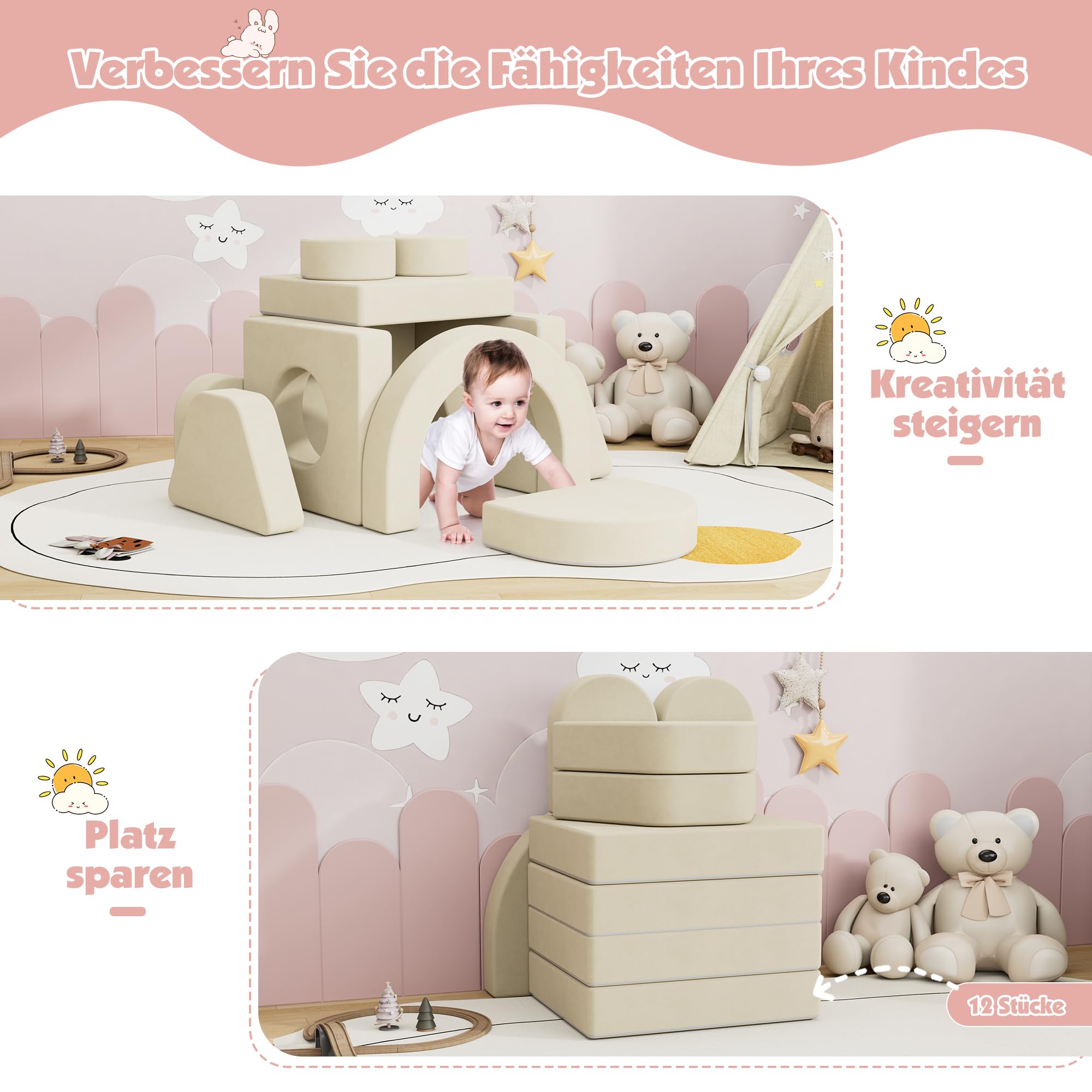NACHES Spielsofa für Kinder, Modulares Kindersofa aus Schaumstoff, Kord, Kindercouch waschbar, Schlafsofa für Kinderzimmer (Beige, 2-Sitzer)