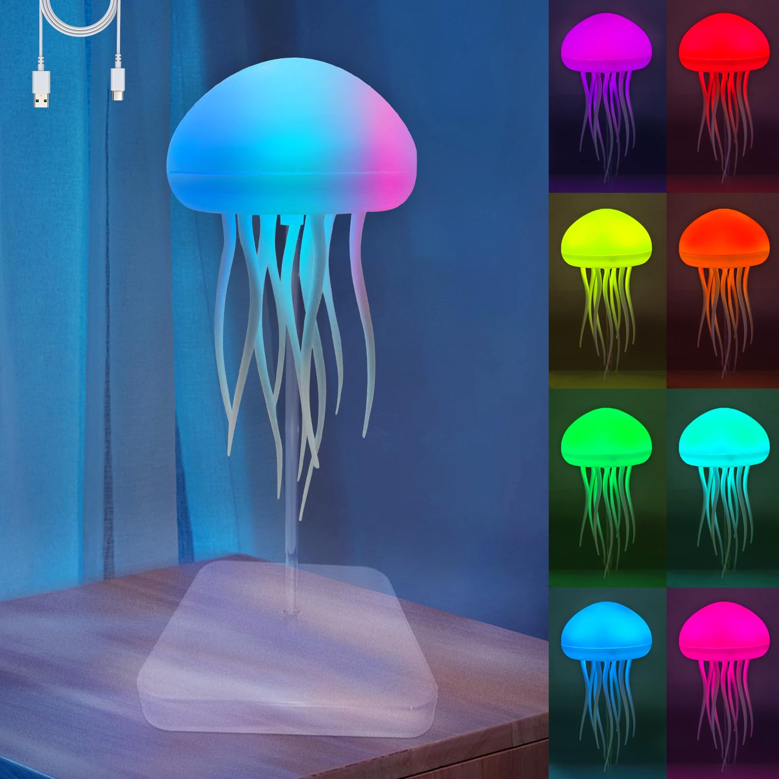 Upgraded Silent Jellyfish Lamp, Jelly Fish Light Lamp with Dancing Legs, Voice Control Jellyfish Night Light, Jellyfish Bedside Lamp for Bedrooms, Living Room and Christmas Gifts (with Base)