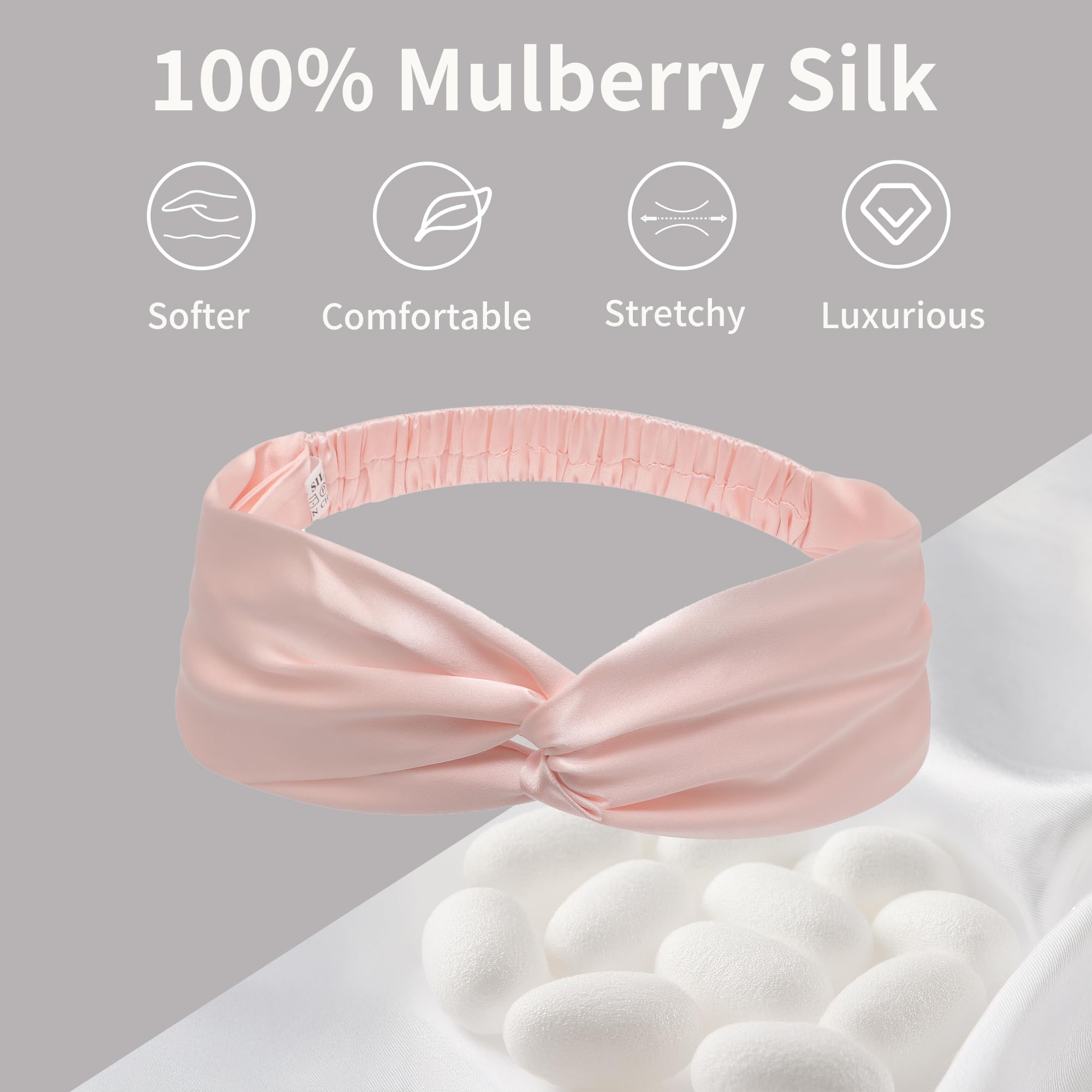 ZLYC Mulberry Silk Headband Elastic Twist Knotted Head Bands for Women's Hair(Solid Light Pink),One Size - Image 2