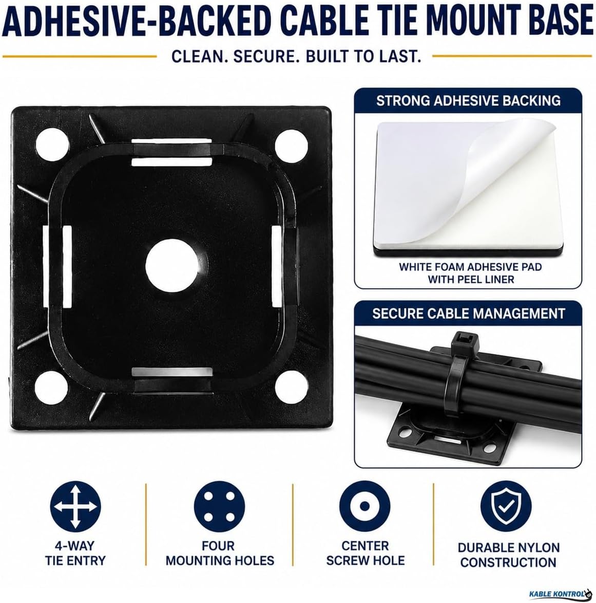 Kable Kontrol Zip Tie Mounts, 1-1/2” Sq, Black, 100 Pcs, Adhesive Backed Multi-Purpose UV-Resistant Mounting Squares Nylon Cable Tie Wrap Anchor Pads for Cable Management