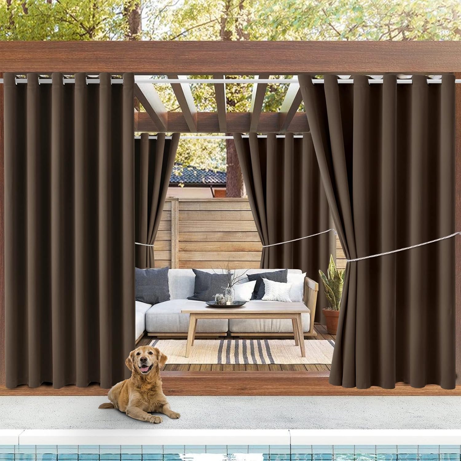 Water Proof Outside Curtains W84 x L84 with Grommet Top for Porch, Thermal Insulated Washable Light Block Outdoor Divider Drapes for Patio Gazebo Deck Pool Area Pergola Cabana (Brown, 2 Panels)