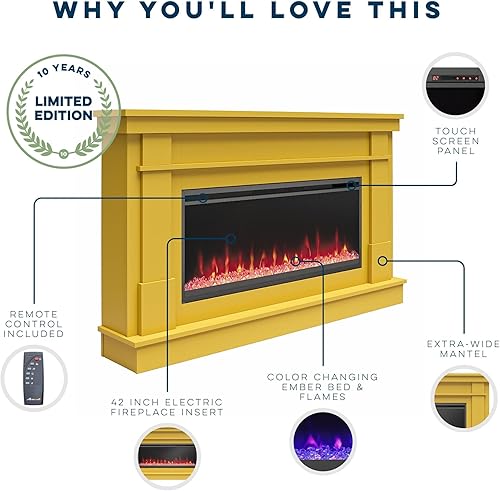 Miniatura 7 de Novogratz Waverly - Mantel ancho con chimenea eléctrica lineal y cama de brasas de cristal, color amarillo mostaza