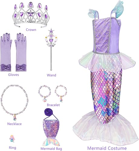 Miniatura 5 de Meland Vestido de Sirena Disfraz de La Sirenita con Bolsa para Niñas de 3-10, Vestido de Princesa para Regalo de Cumpleaños, Disfraz de Halloween