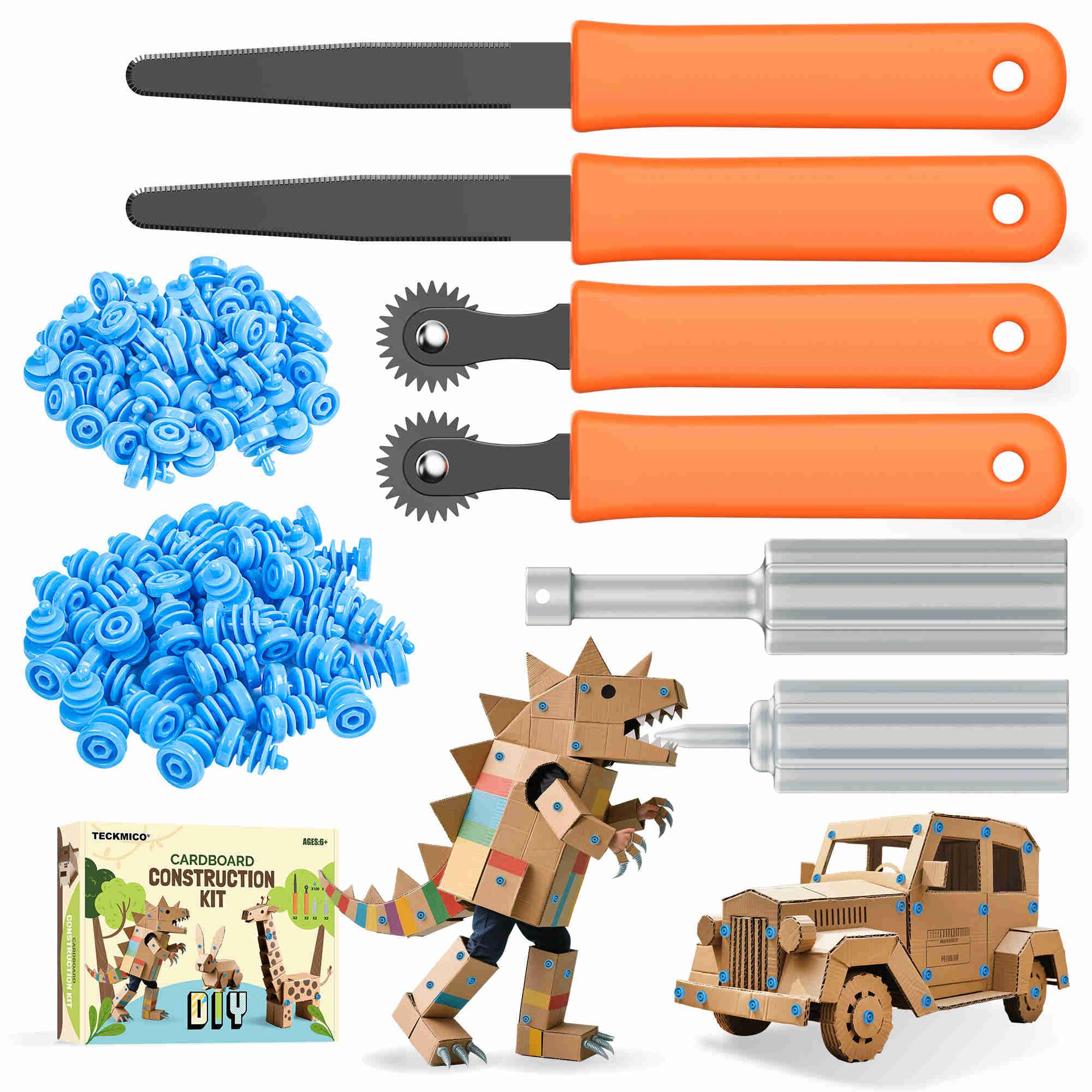 TECKMICO Cardboard Cutter for Kids,208PCS Cardboard Construction Tool,Safe DIY Kit for Boys Girls Arts & Crafts STEM Educational Toys