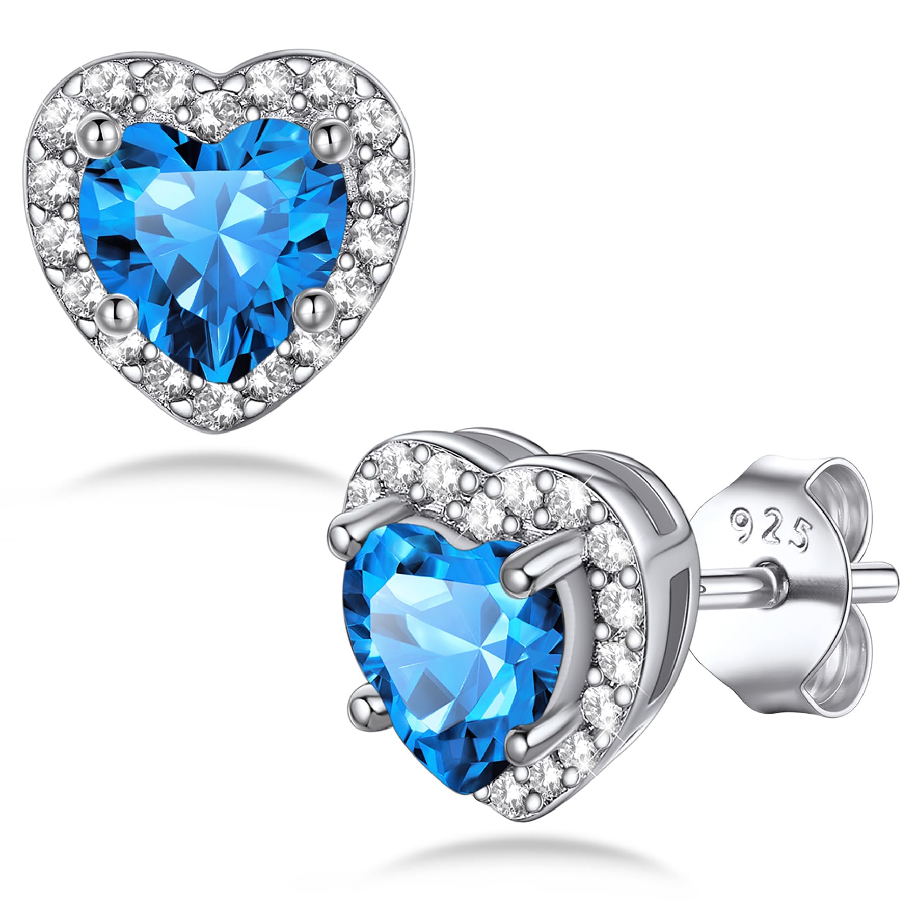 Bestyle Sparkling 925 Sterling Silver Birthstone Stud Earrings for Women, Heart/Round/Teardrop/Square Solitaire Diamond Studs Earrings, Great Birthday/Christmas Gifts
