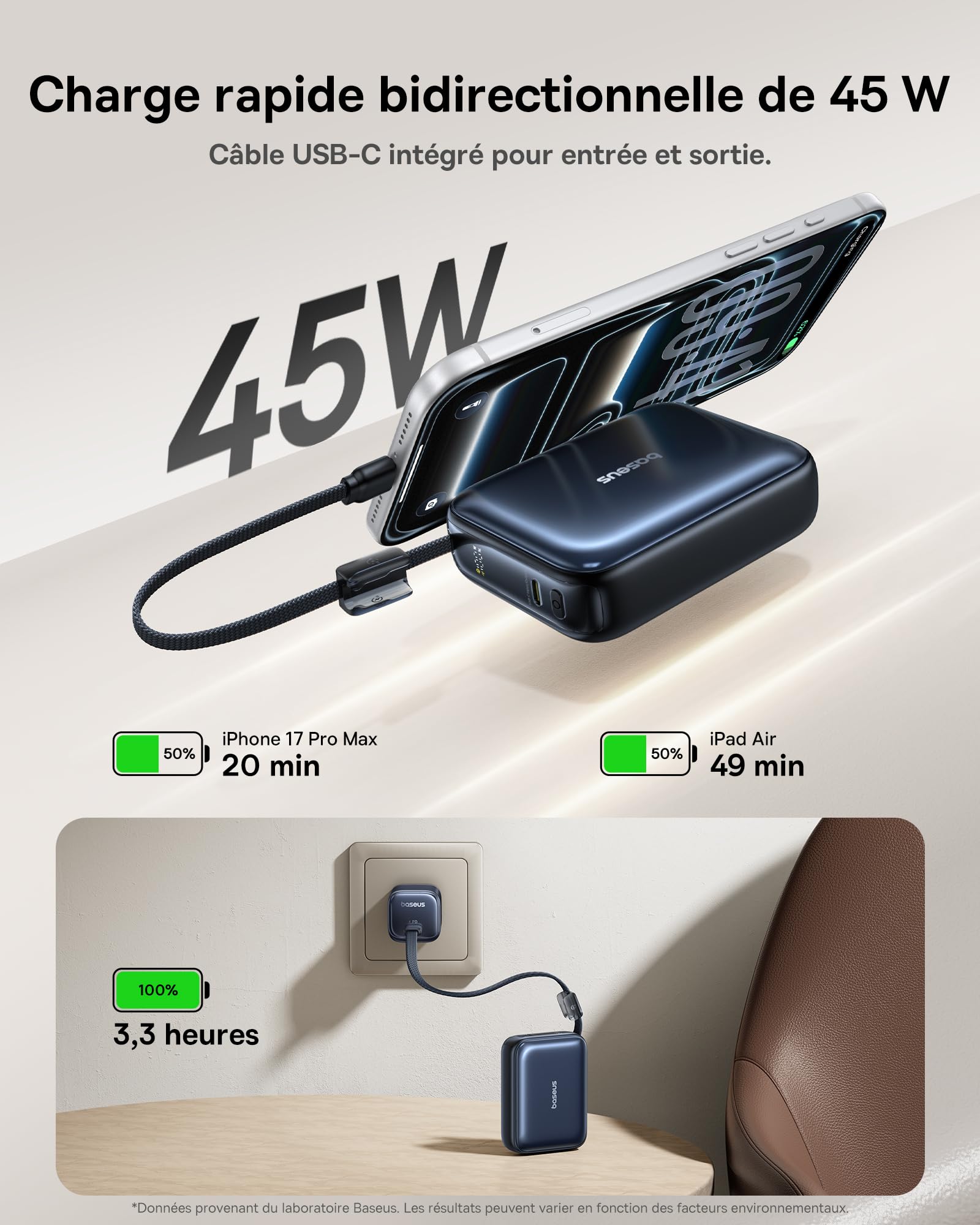 Baseus AC22 Mini Powerbank 20000mAh, 45W PD Power Bank Compacte avec Câble USB-C Intégré, Batterie Externe de Poche pour iPhone 17/16/15 Pro Max, Samsung S26/S25 Ultra, iPad, Pixel 10/9
