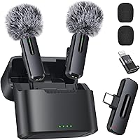 Vista 10 de Micrófono inalámbrico mini para iPhone - Pack de 2 micrófonos lavalier bluetooth para grabación de video, micrófono de solapa 2 en 1 con reducción