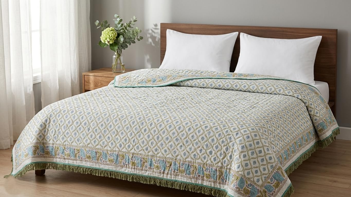 Jaipuri Beautiful Floral Block Print in White and Blue Jaipuri Rajai/Razai/Quilt Double/King Bed Quilt/Comforter/Ac Quilt/Ac Comforter, Cotton, Lightweight-image-33