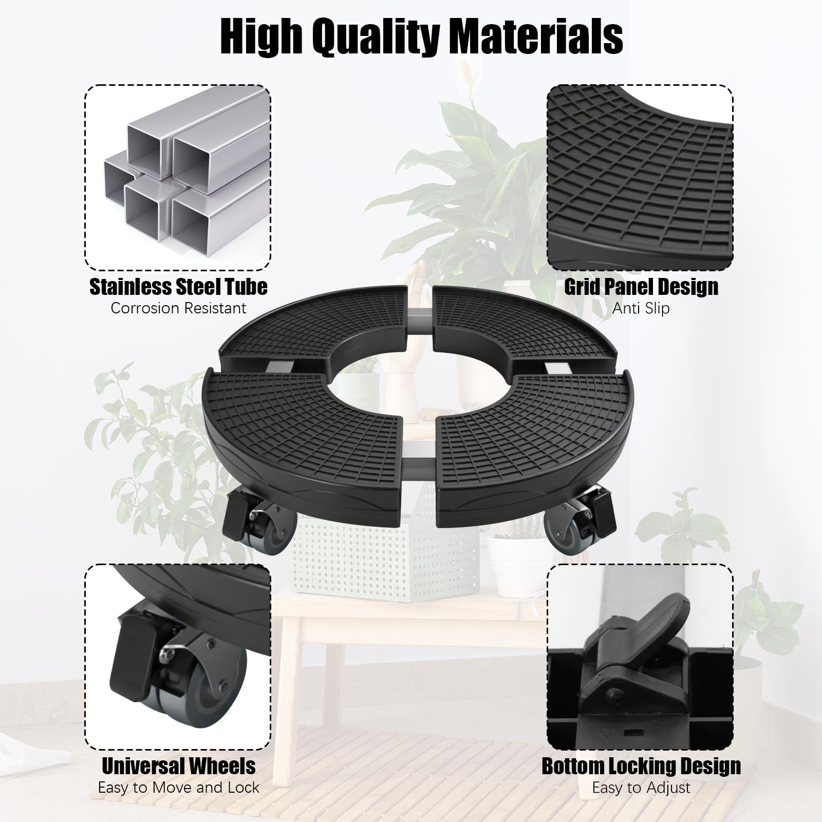 Plataforma con Ruedas Ajustable 38-54 cm, Soporte para Macetas con Ruedas 360° Giratorio Bloqueables, Capacidad de 200 KG, Rodillo para Plantas para Macetas Exterior Interior, Negro