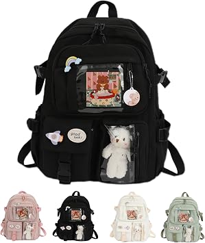 Backpack Casual Cute Aesthetic Large Capacity Kawaii Backpack Accessories black