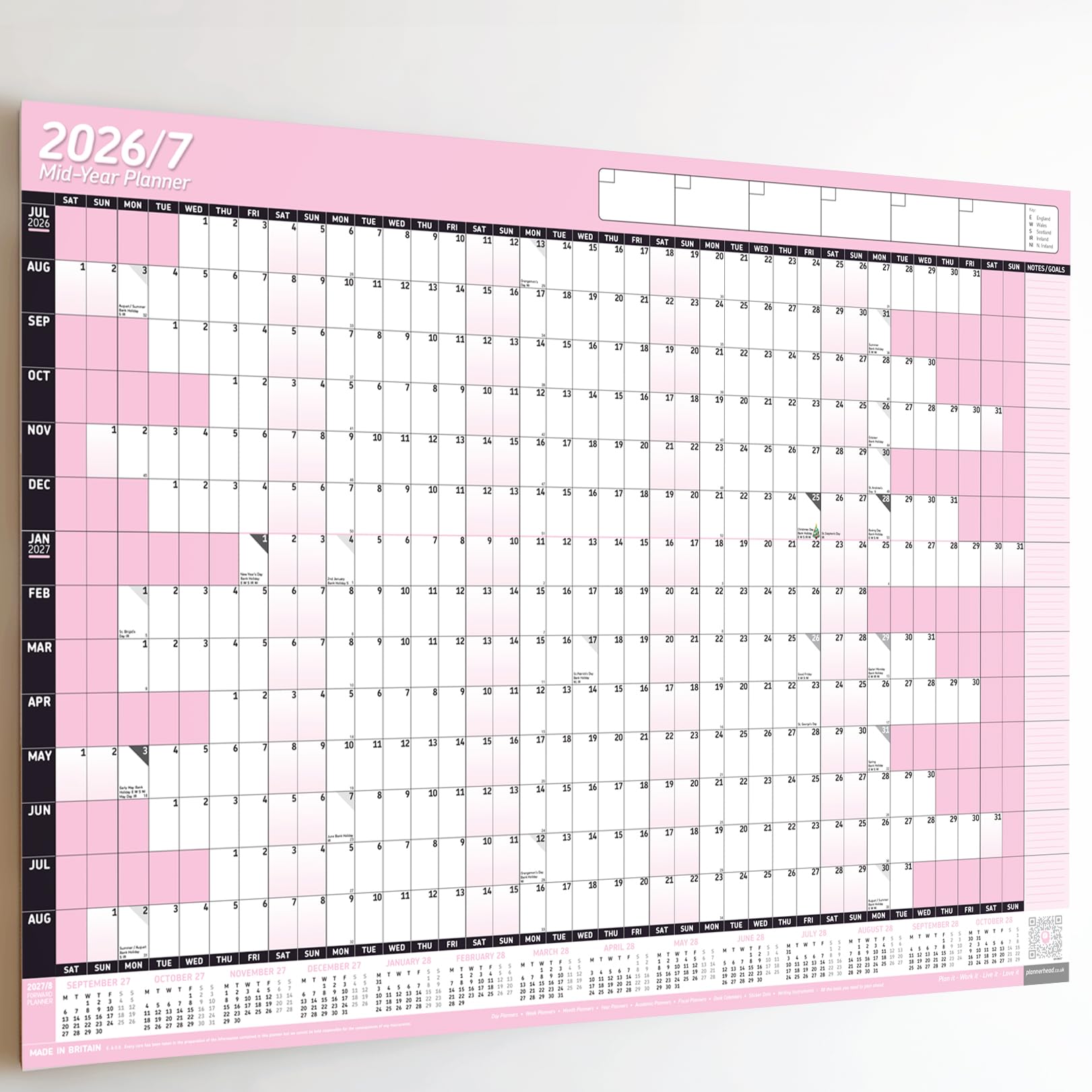 PlannerHead 2026/27 Academic Wall Planner/July 2026-August 2027 Calendar UK/Unmounted Unlaminated Year Planner Poster/Baby Pink A2+ 43cm x 62cm (Folded Flat)