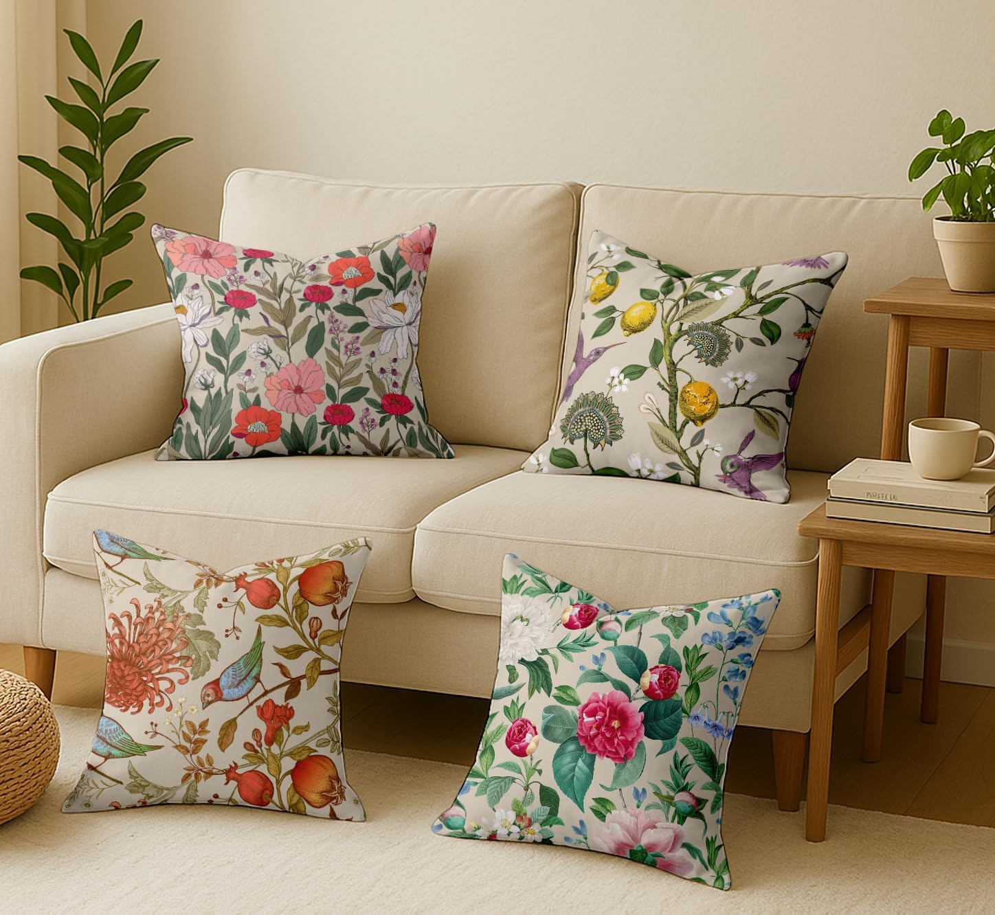 16x16 Inch Cushion Covers Set of 4 - Premium Cotton, Floral Print, Reversible Printed Pillow Covers with Concealed Zipper - Beige