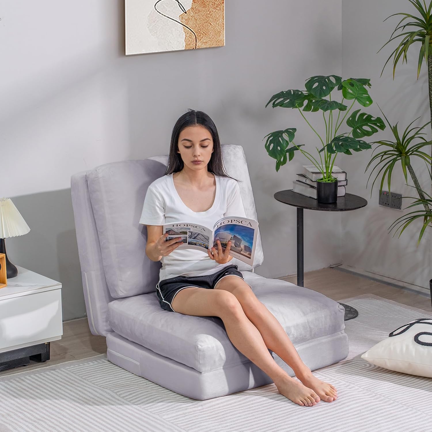 Bean Bag Chairs for Adults,Folding Sofa Bed,Floor Couch Bed, Foam Filling Fold Floor Mattress with Washable Soft Faux Fur Cover, Leisure Floor Couch for Bedroom Living Room(Grey,Single)