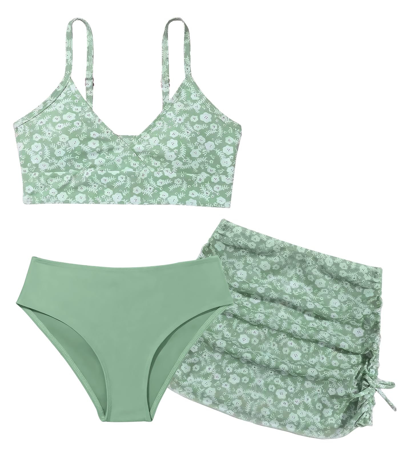 Maeau Maillot de Bain Trois Pièces Fille, Ensemble de Plage Imprimée Enfant, Bikini Haut+Bikini Short+Jupe Couverte, Costume de Bain et Plage, 8-14 Ans/130-160cm