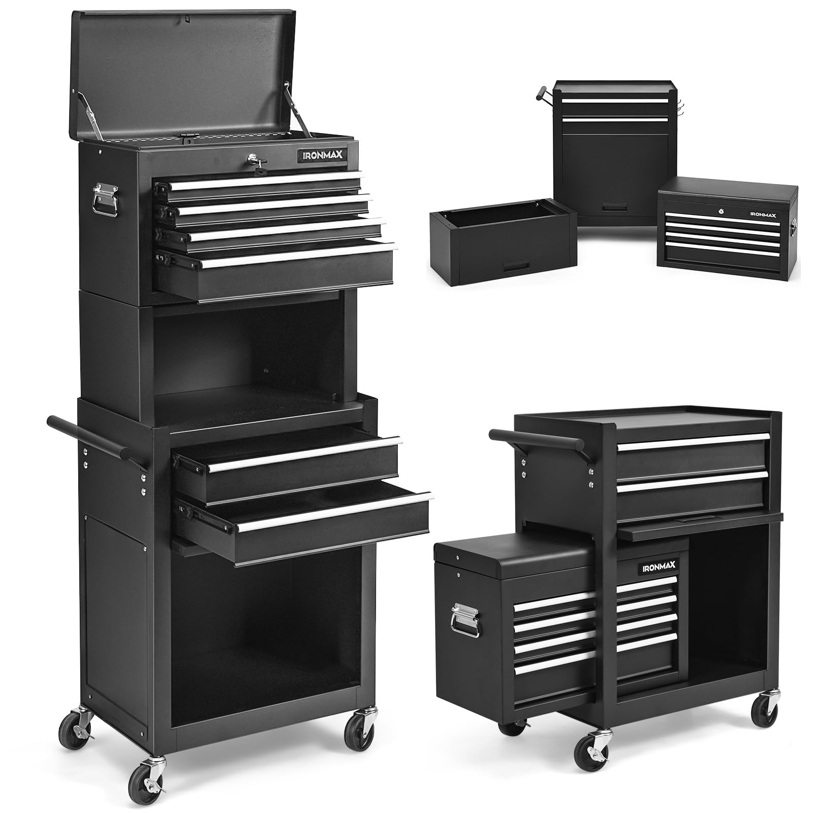 Nightcore 6 Drawer Rolling Tool Chest, 3 in 1 Tool Cabinet with Wheels and Keyed Locking System, Rolling Tool Box with Sliding Drawers, Removable Portable Top Box, Tool Storage for Garage Workshop