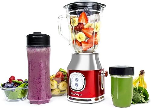 Licuadora eléctrica clásica retro de pulso, jarra de vidrio de 1 litro, incluye botella de viaje personal Tritan con tapa y recipiente de